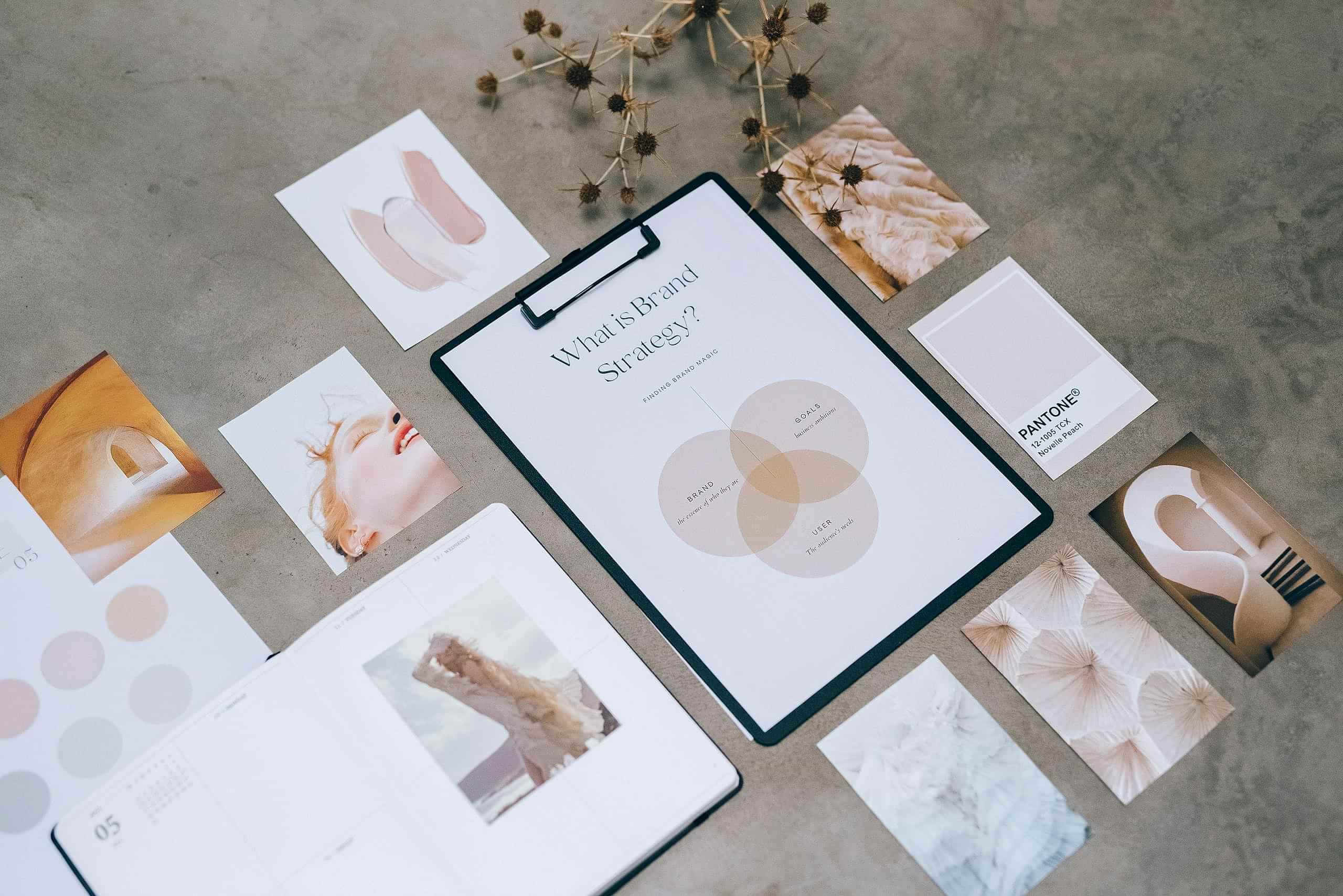Flat lay of a minimalist brand strategy moodboard on a concrete surface. ankara kurumsal kimlik tasarimi